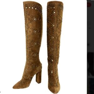 AUTHENTIC Saint Laurent *Ella* Studded Brown Suede Knee Boots IT 37/US 7
